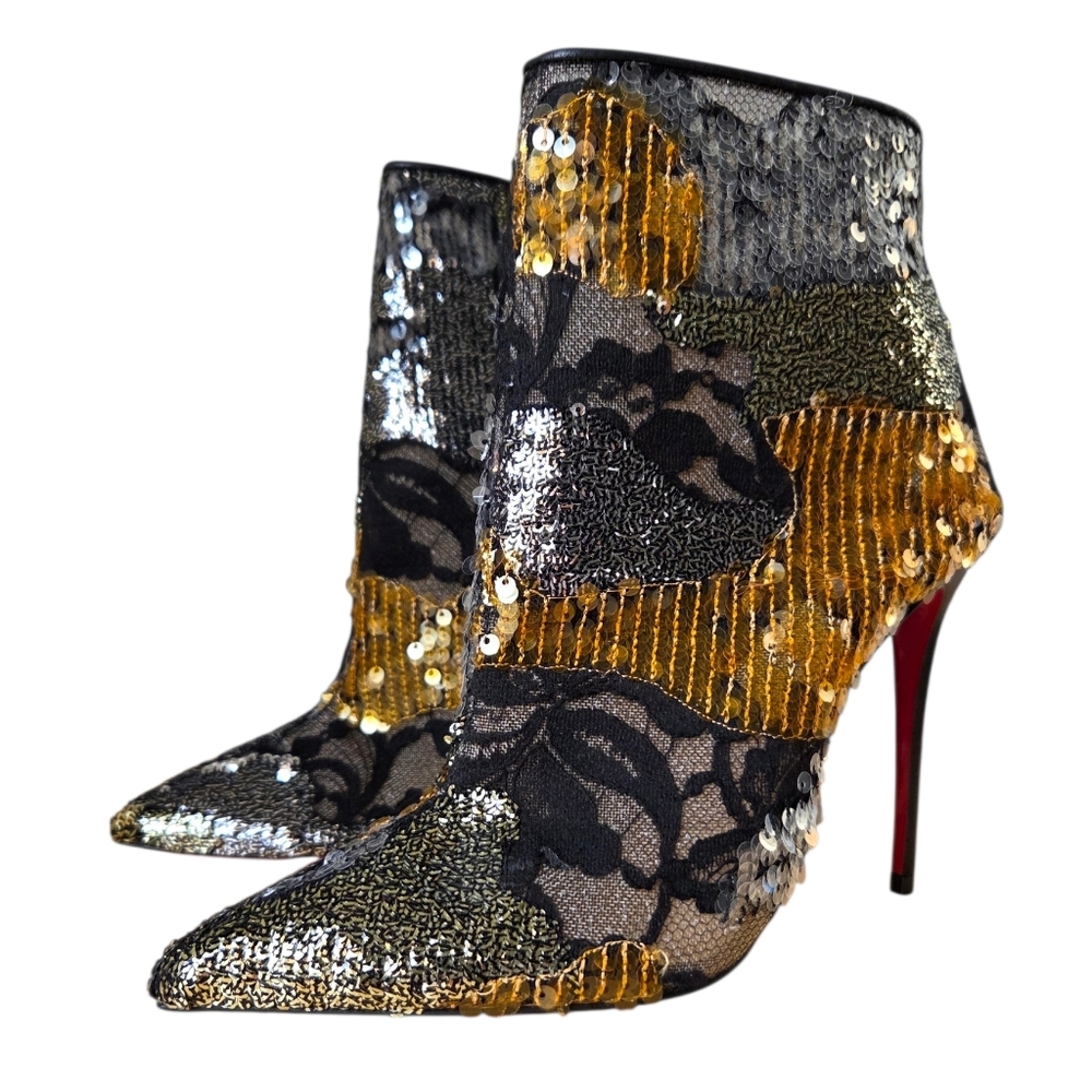 Christian Louboutin Gipsybootie 100 Black Gold Silver Lace Sequin Boots Rare 36